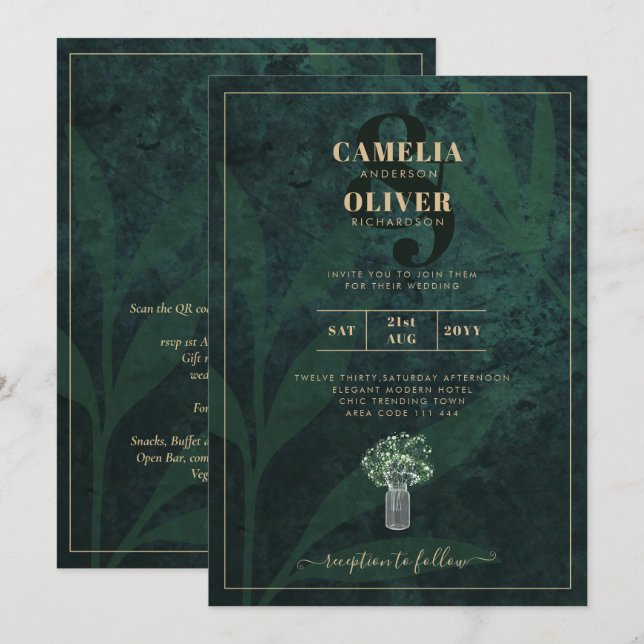 Invitation LeahG Emerald Forest Green Wedding INVITE (Devant / Derrière)
