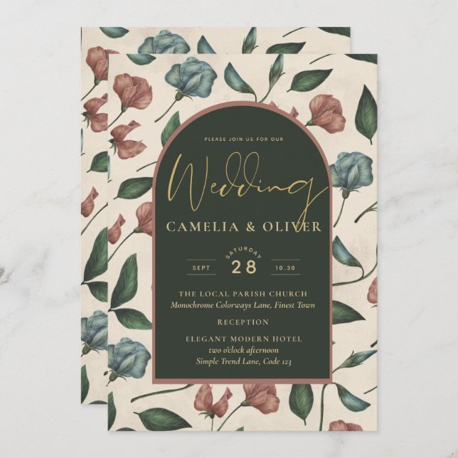 Invitation LeahG Emerald Green Terracotta Gold Mariage de aut (Devant / Derrière)