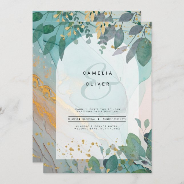 Invitation LeahG encre de seaglass Turquoise or vert Mariage  (Devant / Derrière)