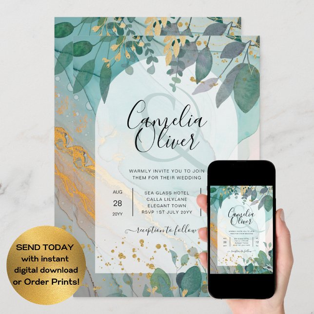 Invitation LeahG encre de seaglass Turquoise or vert Mariage  (Créateur téléchargé)