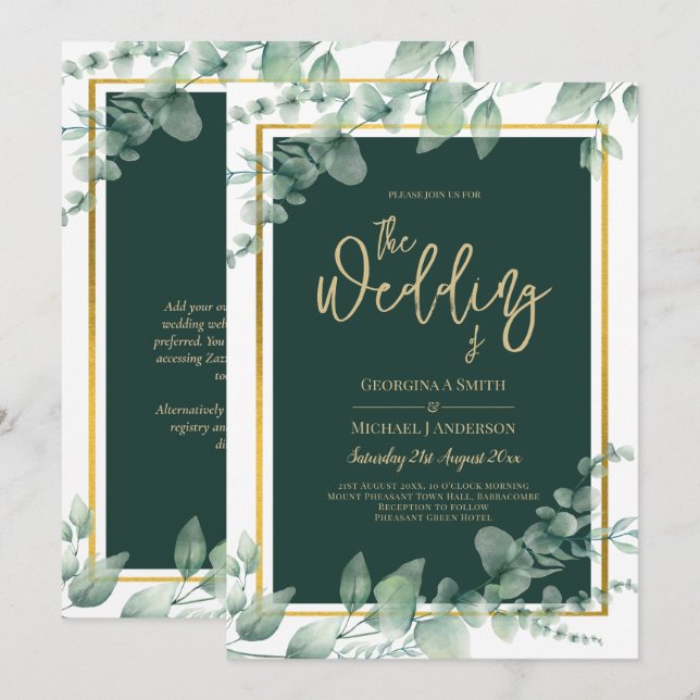 Invitation LeahG Eucalyptus Green Gold MARIAGE QR CODE (Devant / Derrière)