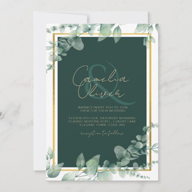 Invitation LeahG Eucalyptus Green Gold MARIAGE QR CODE (Devant)