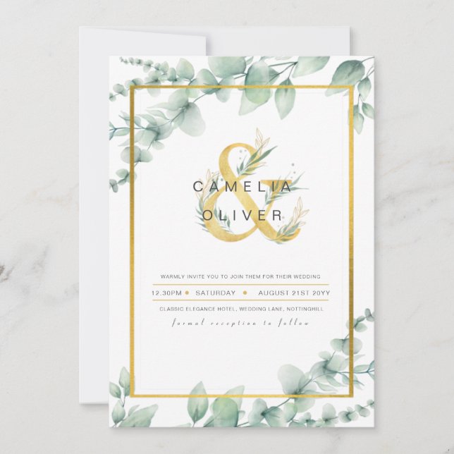 Invitation LeahG Eucalyptus Green Gold MARIAGE QR CODE Inv (Devant)