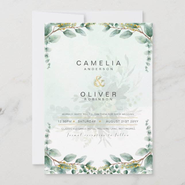 Invitation LeahG Green Eucalyptus Gold Wedding Inviter QR C (Devant)