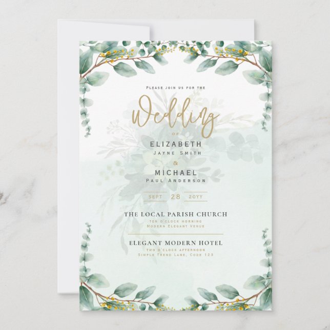 Invitation LeahG Green Eucalyptus Gold Wedding Inviter QR C (Devant)