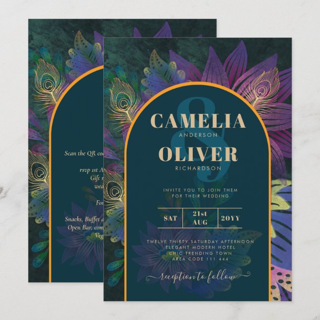 Invitation LeahG Green Purple Gold JEWEL TONES Mariage INVITE (Devant / Derrière)
