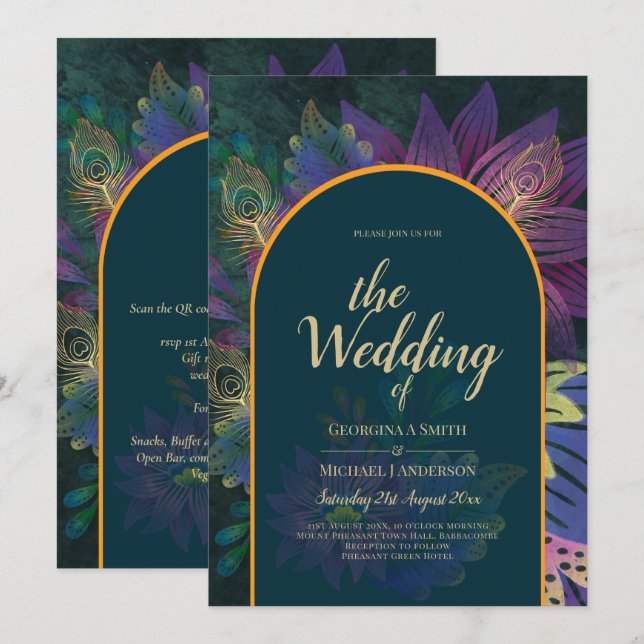 Invitation LeahG Green Purple Gold JEWEL TONES Mariage INVITE (Devant / Derrière)