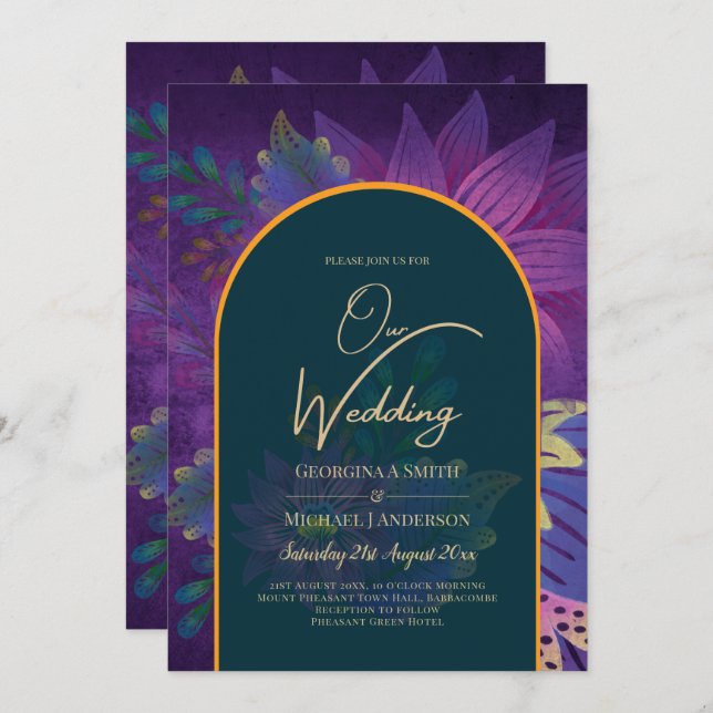 Invitation LeahG Green Purple Gold JEWEL TONES Mariage INVITE (Devant / Derrière)