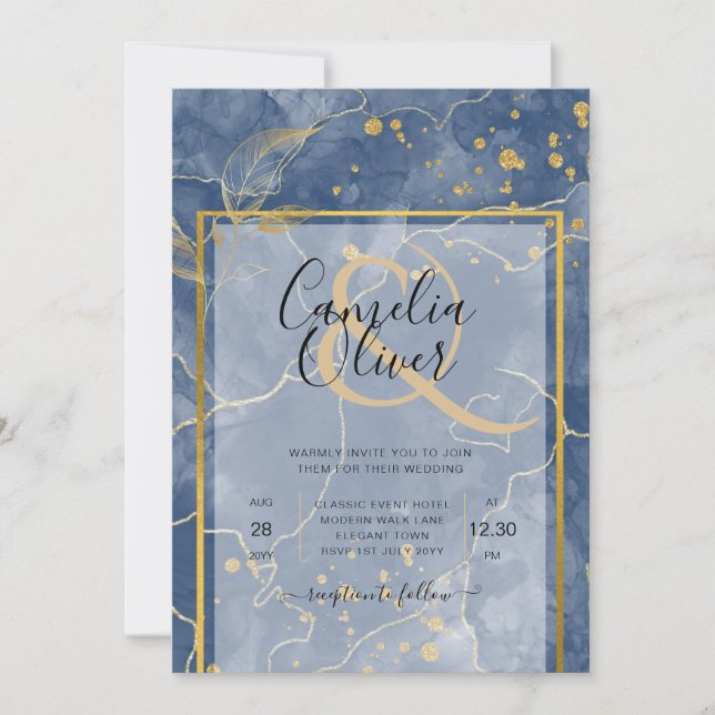 Invitation LeahG INK Marine Mariage bleu or (Devant)