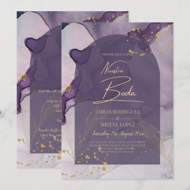 Invitation LeahG Ink Ombre violet Lavender Mariage or (Devant / Derrière)