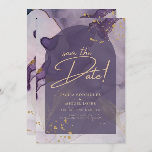 Invitation LeahG Ink Ombre violet Lavender Mariage or (Devant / Derrière)