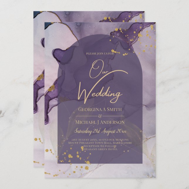 Invitation LeahG Ink Ombre violet Lavender Mariage or (Devant / Derrière)