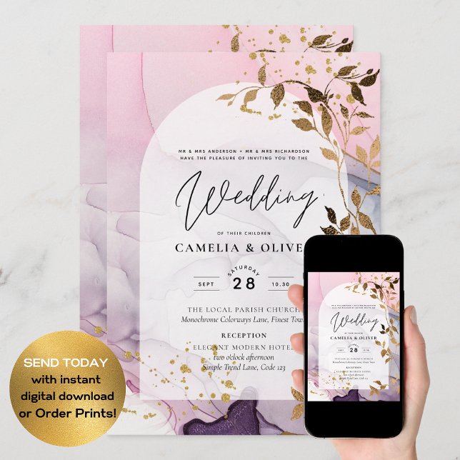 Invitation LeahG Ink Ombre violet rose rose Mariage or (Créateur téléchargé)