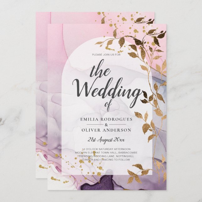 Invitation LeahG Ink Ombre violet rose rose Mariage or (Devant / Derrière)