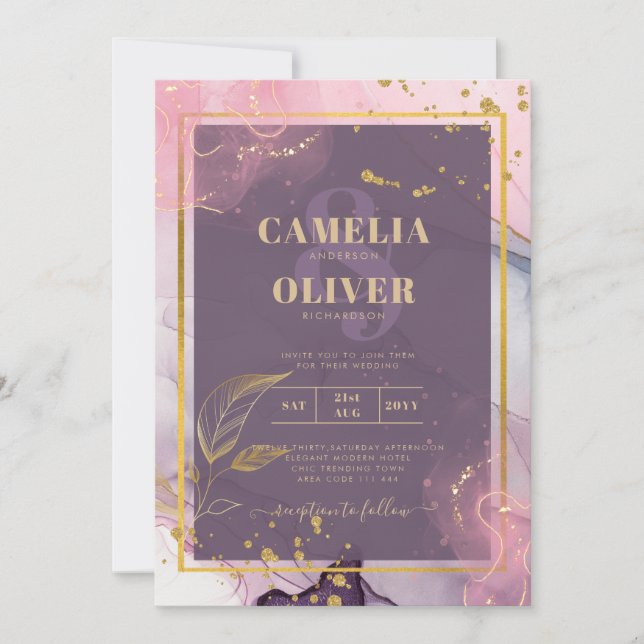 Invitation LeahG® Lavender INK Mauve Purple Mariage or (Devant)