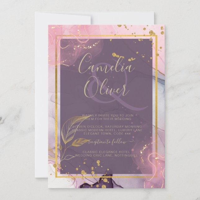 Invitation LeahG® Lavender INK Mauve Purple Mariage or (Devant)
