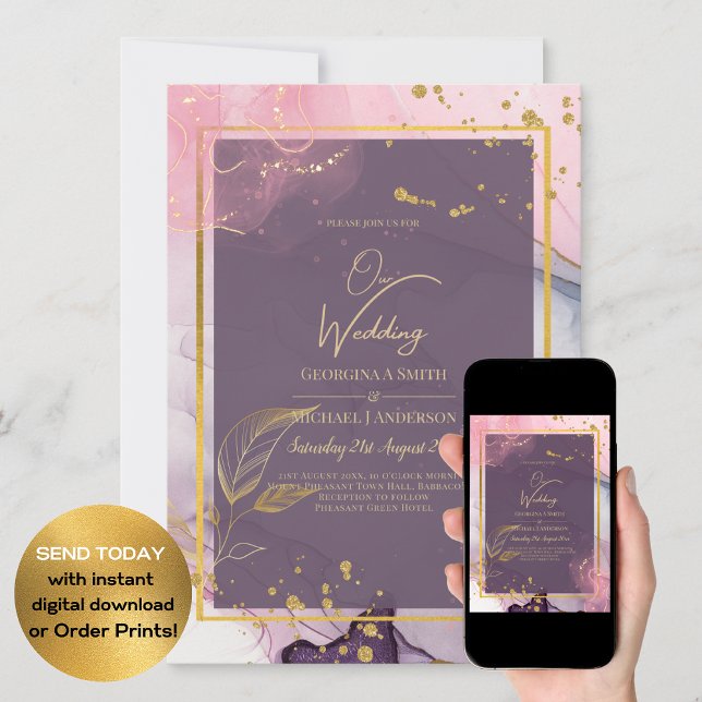 Invitation LeahG® Lavender INK Mauve Purple Mariage or (Créateur téléchargé)