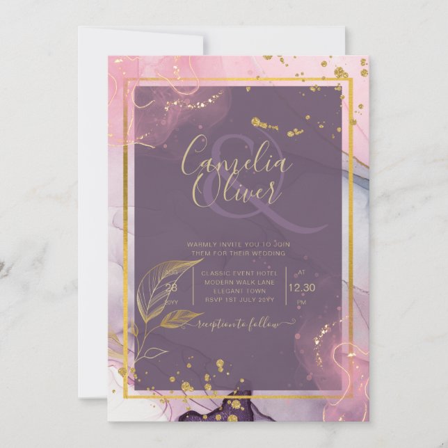 Invitation LeahG® Lavender INK Mauve Purple Mariage or (Devant)