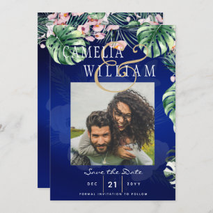 Invitation LeahG Mariage floral bleu vert tropical