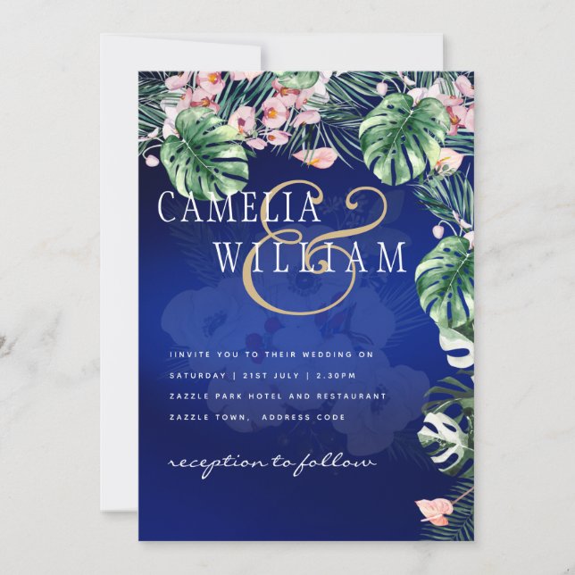 Invitation LeahG Mariage floral bleu vert tropical (Devant)