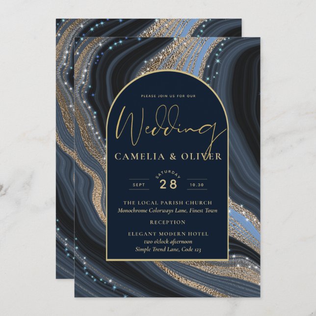 Invitation LeahG Marine Blue Gold Agate STARRY Mariage de nui (Devant / Derrière)