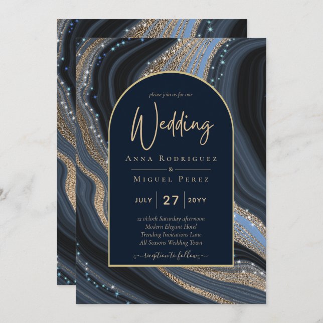 Invitation LeahG Marine Blue Gold Agate STARRY Mariage de nui (Devant / Derrière)