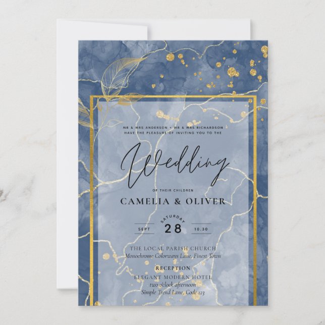 Invitation LeahG Marine Blue Gold INK Mariage Abstrait INVITE (Devant)