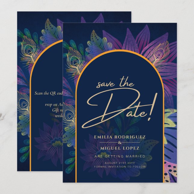 Invitation LeahG Marine Purple Gold JEWEL TONES Mariage INVIT (Devant / Derrière)