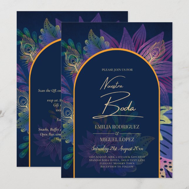 Invitation LeahG Marine Purple Gold JEWEL TONES Mariage INVIT (Devant / Derrière)