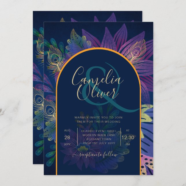 Invitation LeahG Marine Purple Gold JEWEL TONES Mariage INVIT (Devant / Derrière)