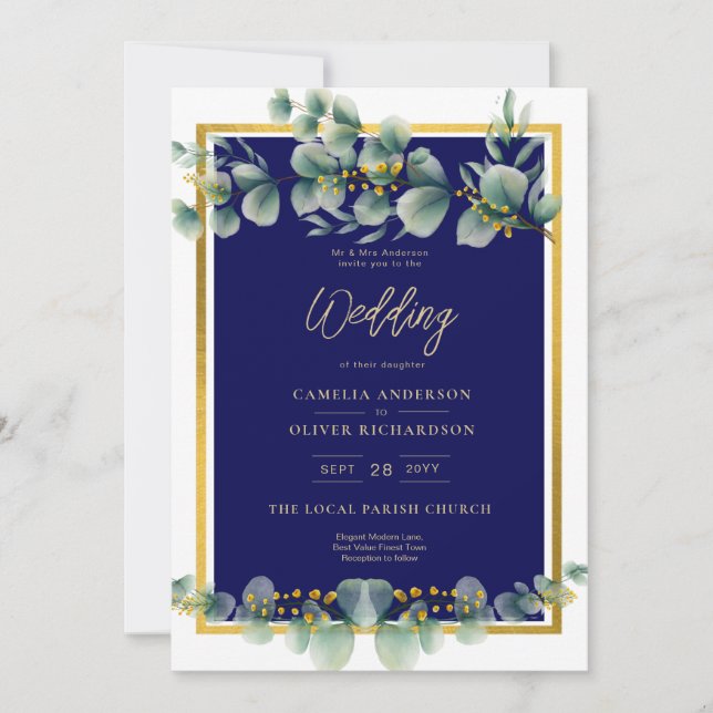 Invitation LeahG NAVY BLUE OR Vert Eucalyptus Mariage (Devant)