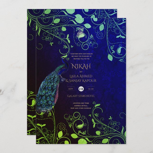 Invitation LeahG Peacock Bleu Islam Mariage invite (Devant / Derrière)