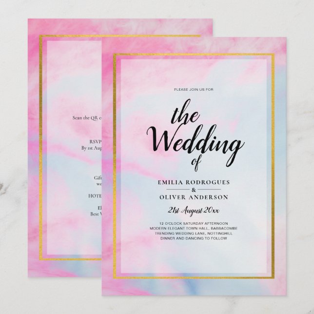 Invitation LeahG Pink Aqua Blue Gold INK Wedding INVITE (Devant / Derrière)