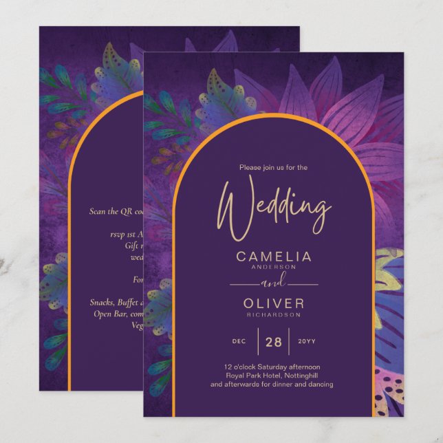 Invitation LeahG Plum Purple Gold JEWEL TONES Mariage INVITE (Devant / Derrière)