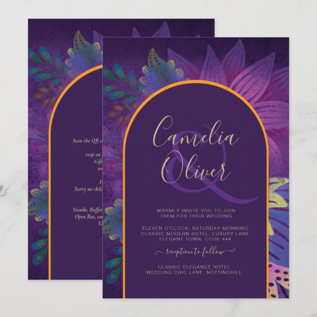 Invitation LeahG Plum Purple Gold JEWEL TONES Mariage INVITE (Devant / Derrière)