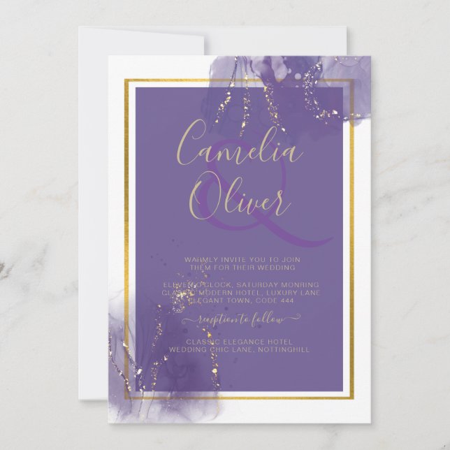 Invitation LeahG PURPLE OR Mariage Lavande ALCOOL ENCRE (Devant)