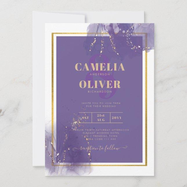 Invitation LeahG PURPLE OR Mariage Lavande ALCOOL ENCRE (Devant)