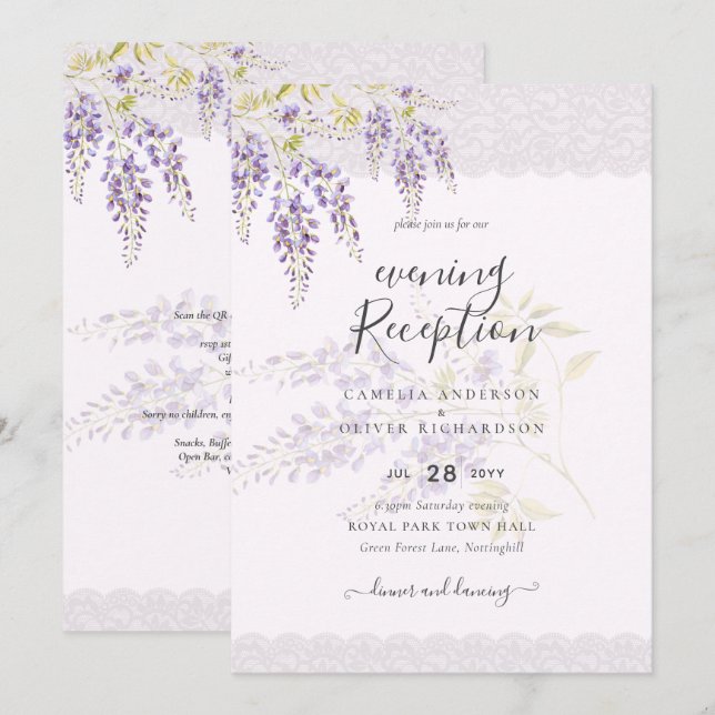 Invitation LeahG Purple WISTERIA Dentelle Florale Mariage INV (Devant / Derrière)