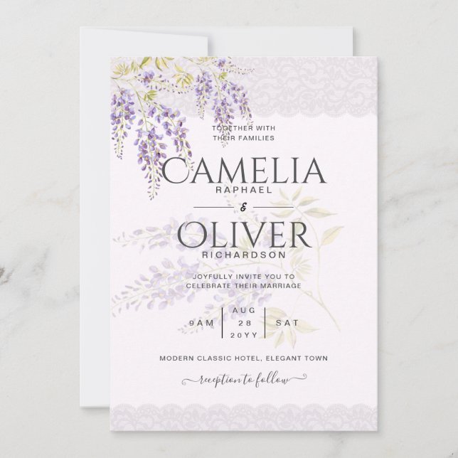 Invitation LeahG Purple WISTERIA Dentelle Florale Mariage INV (Devant)