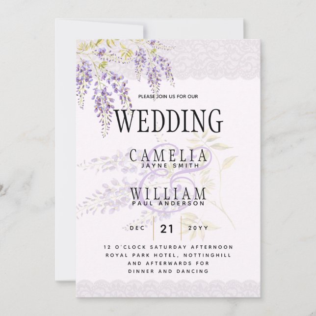 Invitation LeahG Purple WISTERIA Dentelle Florale Mariage INV (Devant)