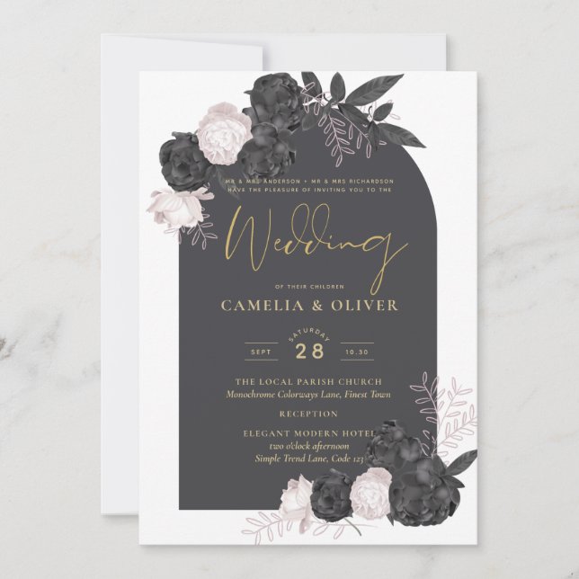 Invitation LeahG Roses rose gris moderne Automne d'hiver Mari (Devant)