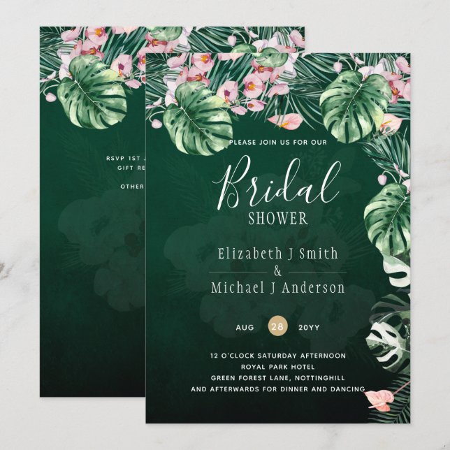 Invitation LeahG Tropical Green rose Mariage de feuille flora (Devant / Derrière)