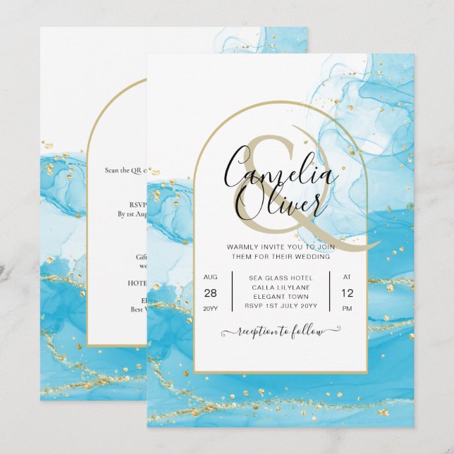 Invitation LeahG Turquoise Gold Aqua Blue Wedding INVITE (Devant / Derrière)