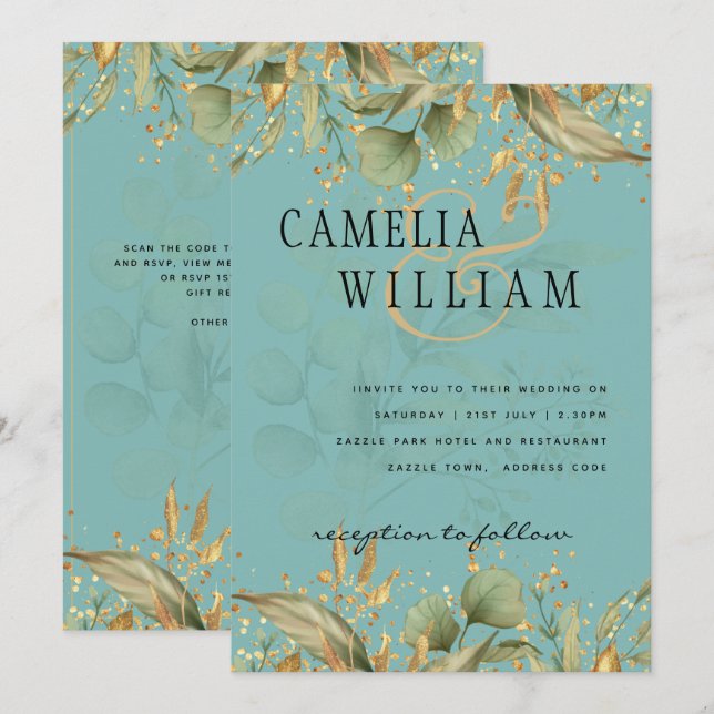 Invitation LeahG Verdure Verre Mer Turquoise Gold Mariage Inv (Devant / Derrière)