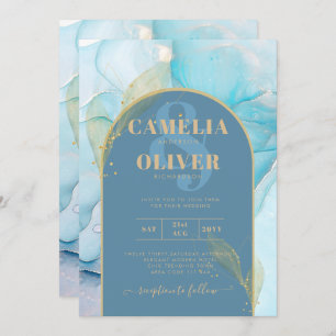 Invitation LeahG Verre de mer Encre d'or Aqua Blue Wedding IN