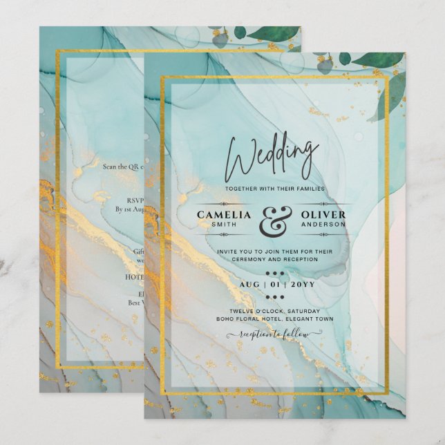 Invitation LeahG Verre de mer Turquoise Gold INK Mariage INVI (Devant / Derrière)
