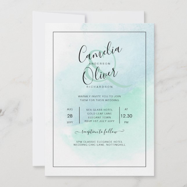 Invitation LeahG Verre de mer Turquoise Turquoise Bleu Mariag (Devant)