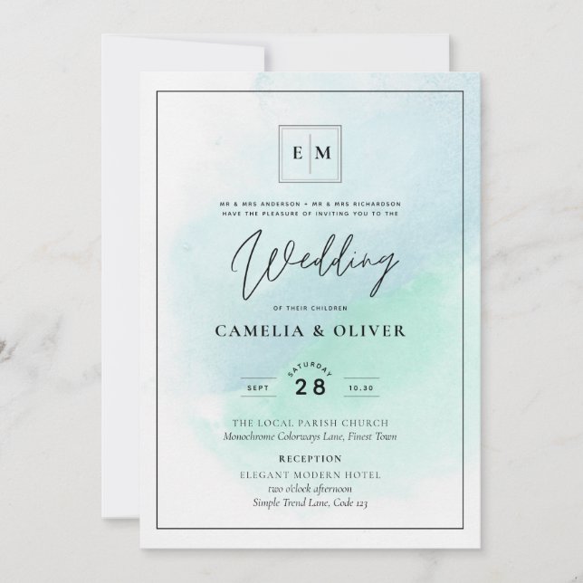 Invitation LeahG Verre de mer Turquoise Turquoise Bleu Mariag (Devant)