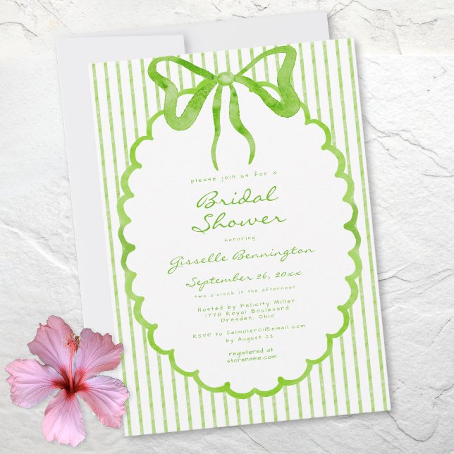 Invitation L'eau de couleur vert citron aquarelle capricieuse (Whimsical Lime Watercolor Bow Stripe Bridal Shower Invitation)