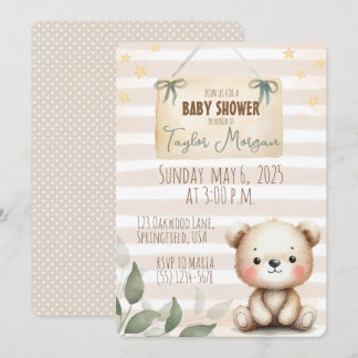 Invitation Leaves Watercolor Teddy Bear